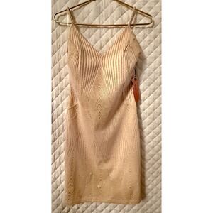 NWT Haute Monde Geometric Nude Gold Metallic Bodycon Dress Size L Art Deco Style